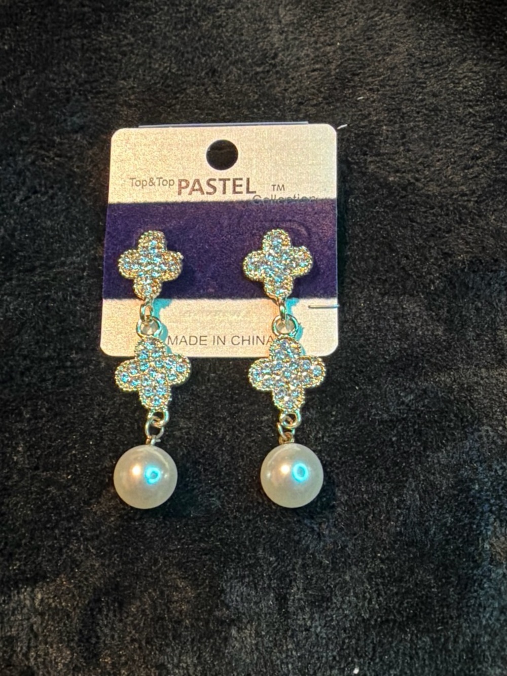Top & Top Pastel Gold-Tone Crystal Clover Drop Earrings with Pearl Accent